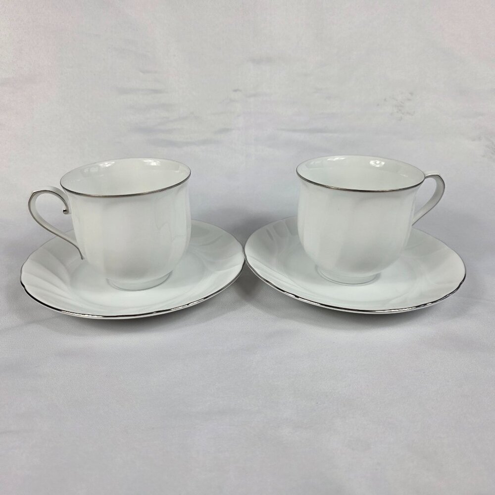 TWO (2) Mikasa Wedding Band Platinum Cup & Saucer Sets White Swirl Platinum Trim